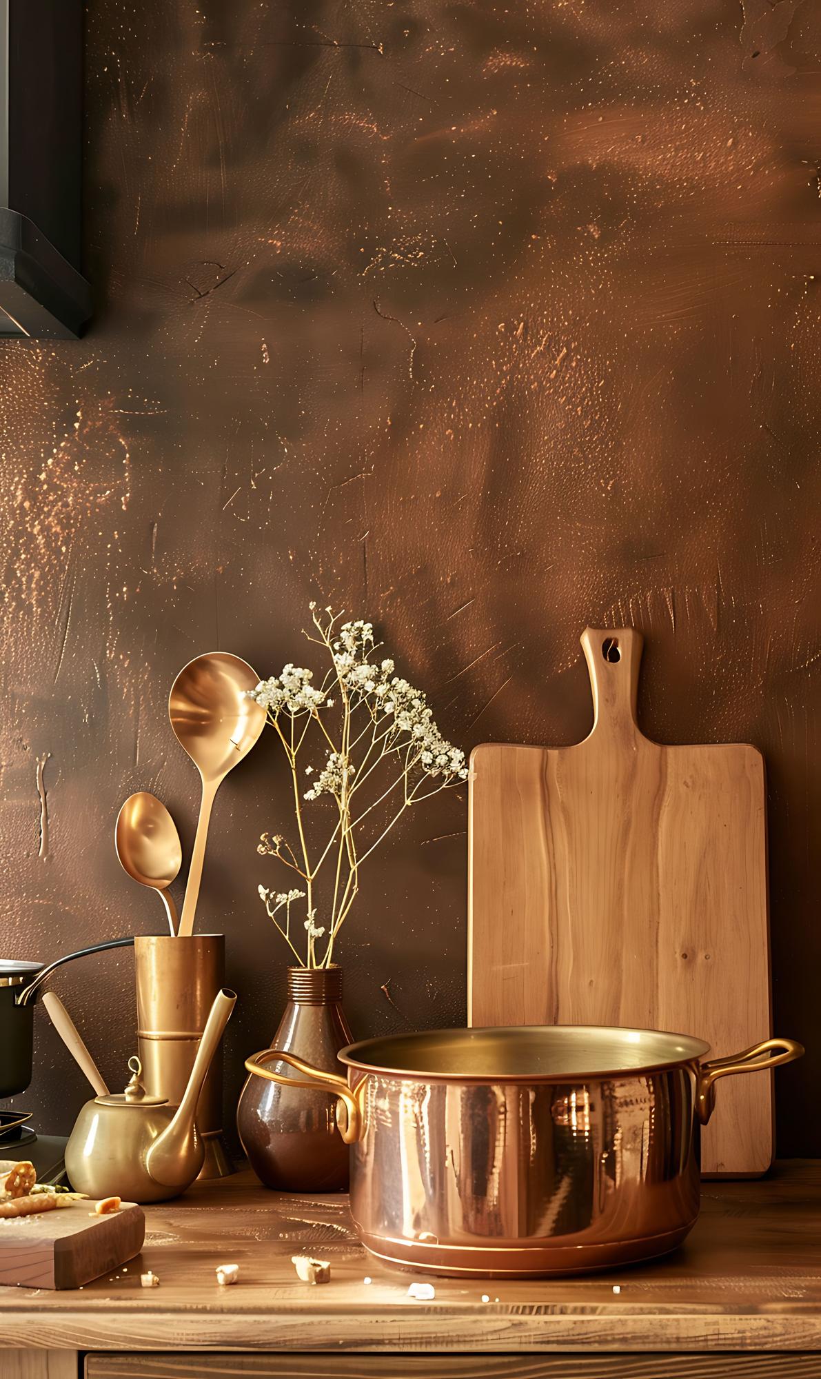 Banco cucina elegante con utensili in rame